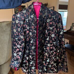 Vintage Reversible Chinese Brocade Jacket Frog Closures Black & Pink
